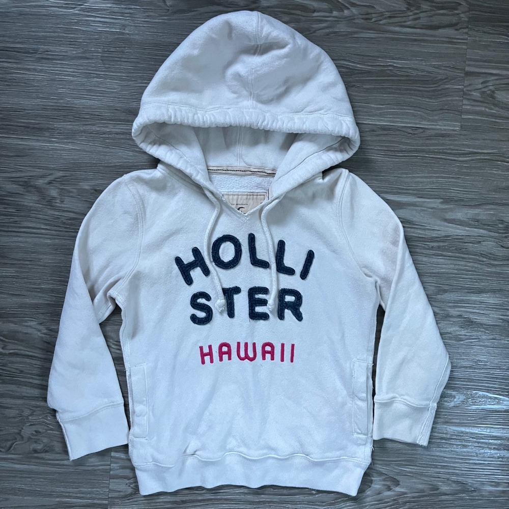 Hollister Hawaii Graphic Hoodie White Fleece Sweatshirt Small